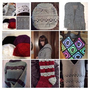 May include: A collection of crocheted items in various colors and styles, including hats, scarves, bags, and sweaters. The items are made with different yarn textures and patterns, showcasing the versatility of crochet.