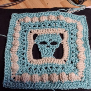 May include: A crocheted square with a skull design in the center. The square is made with light blue and white yarn and has a raised border.