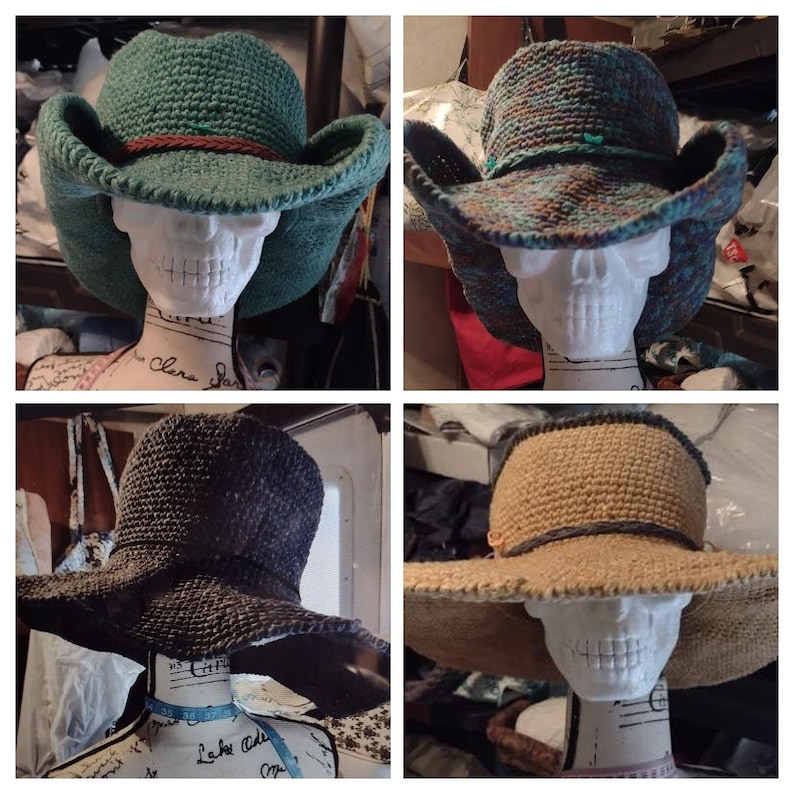 May include: Four crocheted hats in different colors and styles. The hats are displayed on a mannequin head. The hats are made with a variety of stitches and textures.