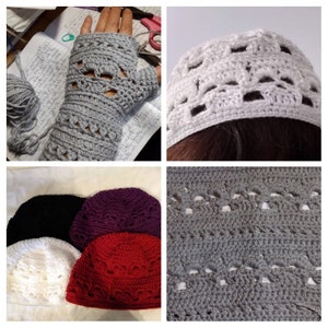 May include: A collection of crocheted hats in various colors, including white, red, purple, and black. The hats have a lacy design and are made with a soft yarn. There is also a close-up of a gray crocheted hat with a similar lacy design.
