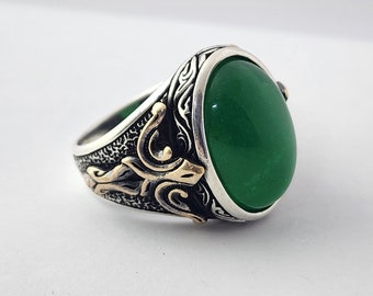 Bague en jade vert naturel, bague en argent sterling avec pierres précieuses, bague pour homme en jade, bague pour lui, bague pour homme faite main, cadeau de Noël