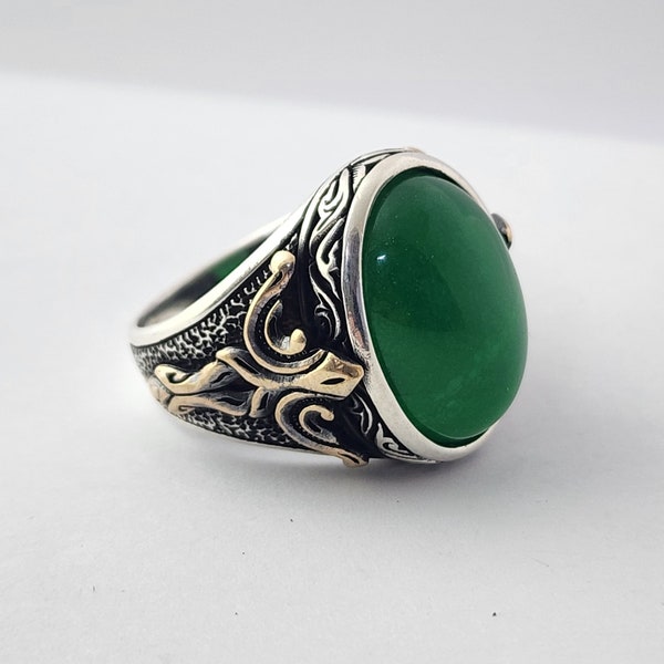 Bague en jade vert naturel, bague en argent sterling avec pierres précieuses, bague pour homme en jade, bague pour lui, bague pour homme faite main, cadeau de Noël