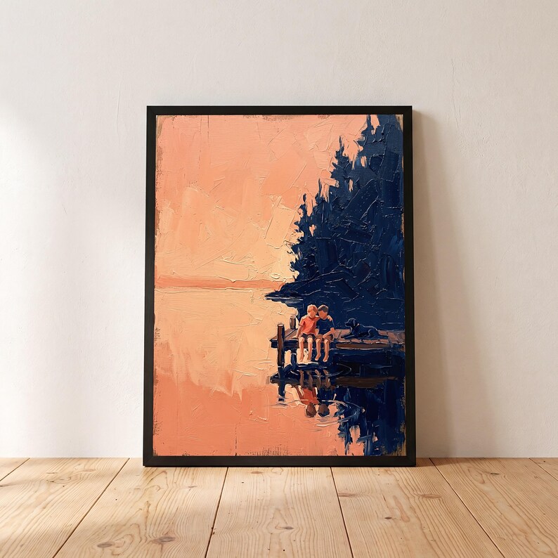 Children Dog Sunset Jetty Print, Vintage Wall Art, Minimal Impasto ...