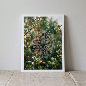 Dew Spangled Spider Web Sunrise Print, Cosy Interior Artwork, Moody Nature Decor, Harvest Mood Poster