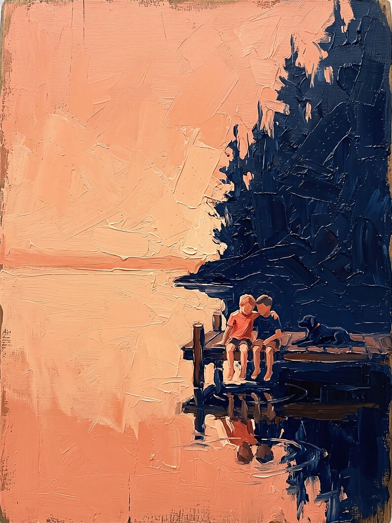 Children Dog Sunset Jetty Print, Vintage Wall Art, Minimal Impasto ...