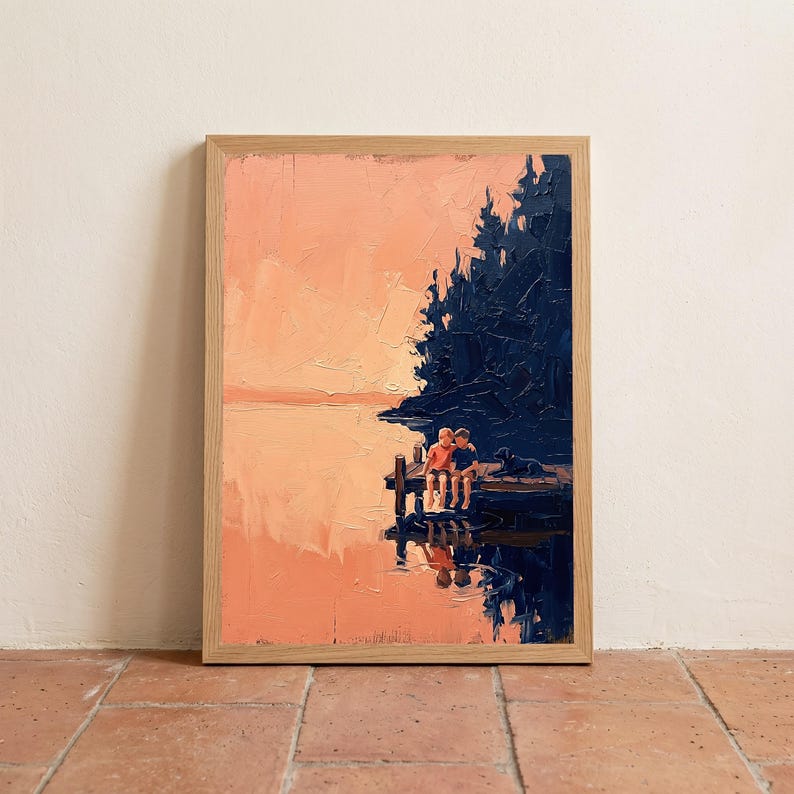 Children Dog Sunset Jetty Print, Vintage Wall Art, Minimal Impasto ...