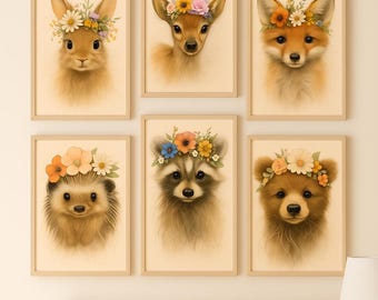 Kinderzimmer Kunstdrucke: Baby Tiere mit Blumenkronen (Digitaler Download 6er Set
