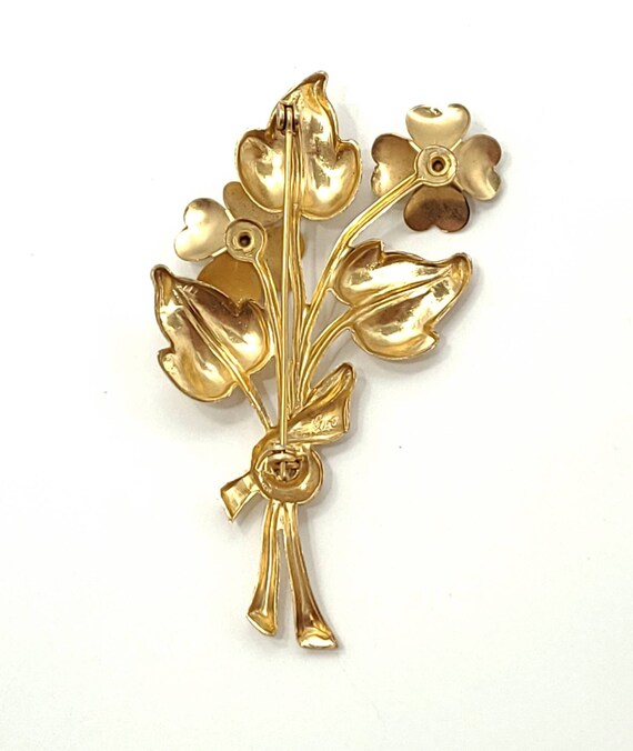 Vintage 40s Coro Signed Smooth Goldtone Flower Br… - image 5