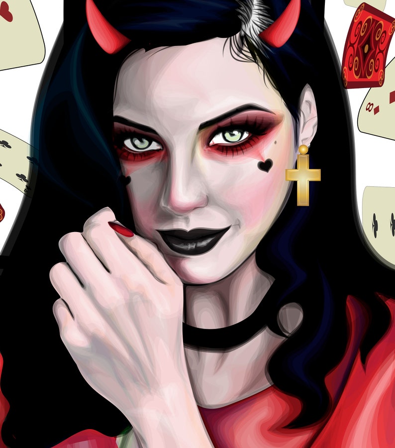 Chica diablo en dibujo digital rojo. Chica gótica