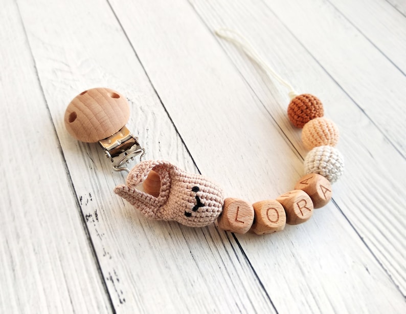 wooden beads and wooden clasp Dummy clip with name Schnullerkette mit Namen Personalized pacifier clip with crochet rabbit
