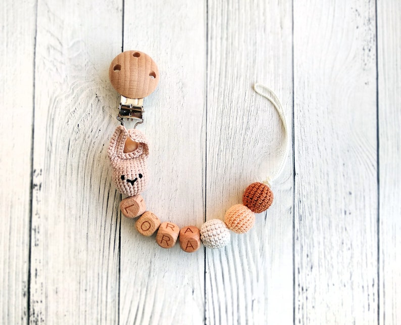 wooden beads and wooden clasp Dummy clip with name Schnullerkette mit Namen Personalized pacifier clip with crochet rabbit