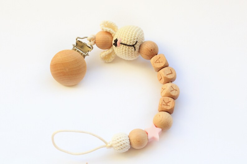 Personalized pacifier clip with crochet rabbit Dummy clip chain Baby shower gift Schnullerkette mit Namen Attach\u00e9 tetine