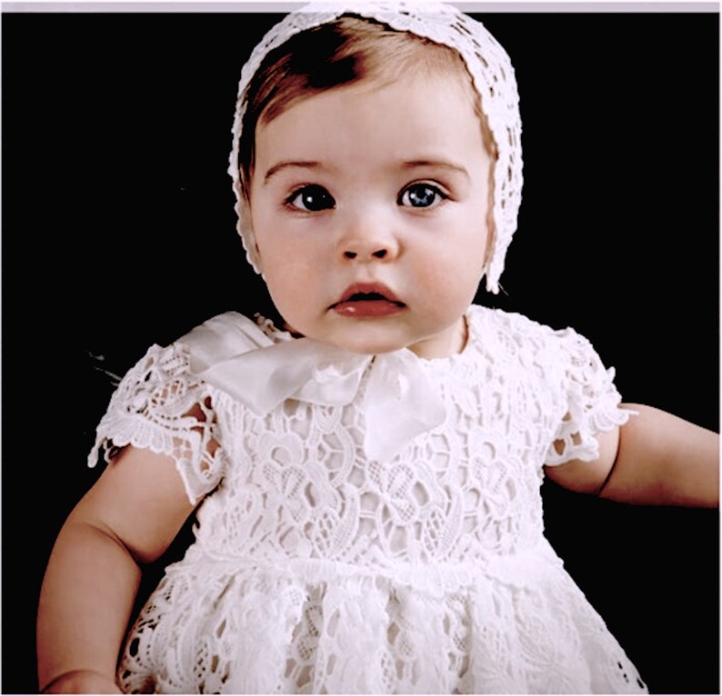 Baby Baptism Dresses Infant Girl Princess Wedding Party Flower Dress Newborn Gown White Lace Christening Dres with Bonnet