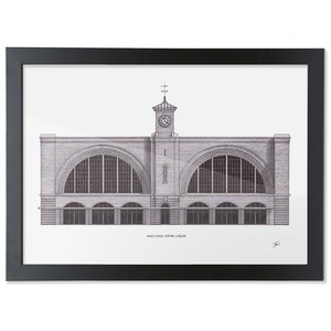 May include: A black and white line drawing of King's Cross Station in London. The drawing shows the front facade of the station, including the clock tower and arched windows.