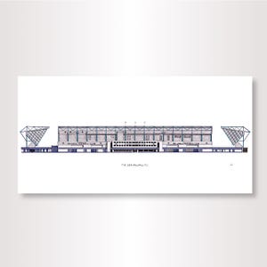 Peut inclure: Illustration détaillée du stade The Den, du Millwall F.C., en bleu, gris et blanc. L'œuvre représente la façade du stade, avec les inscriptions "MILLWALL FOOTBALL CLUB" et "THE DEN MILLWALL F.C.". L'image est sur fond blanc.