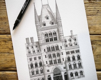 St Pancras Renaissance Hotel, London - Architecture Drawing - High Quality Print