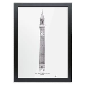 May include: Black and white line drawing of the Joseph Chamberlain Memorial Clock Tower in Birmingham, England. The tower is tall and slender with a clock face and a pointed roof.