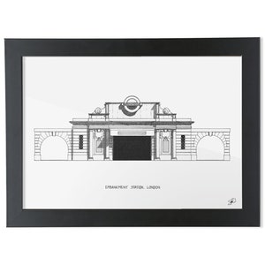May include: Black and white line drawing of the Embankment Station in London. The drawing shows the front facade of the station, including the iconic London Underground roundel.