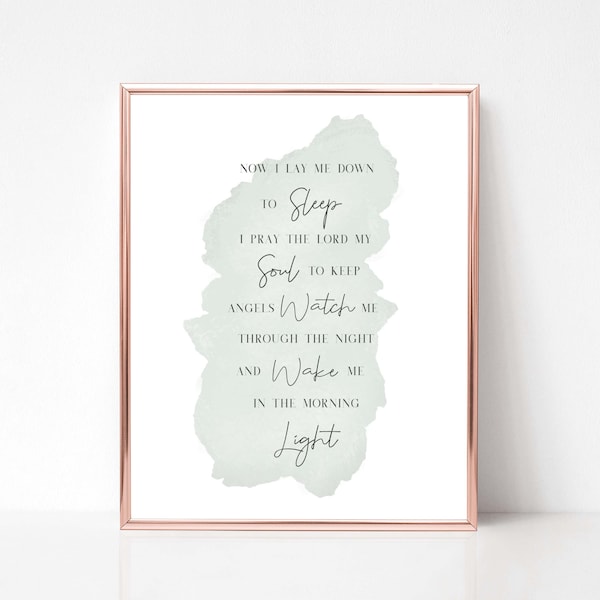 Now I lay me Down to Sleep, Bedtime Prayer Wall Art, Baby Girl Nursery, Printable, Green Watercolor Print, Instant Download