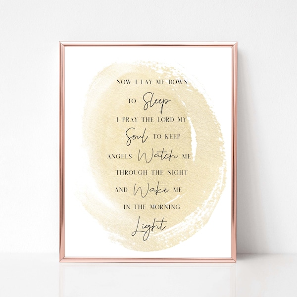 Now I lay me Down to Sleep, Bedtime Prayer Wall Art, Neutral Nursery, Printable, Gold Watercolor Print, Instant Download