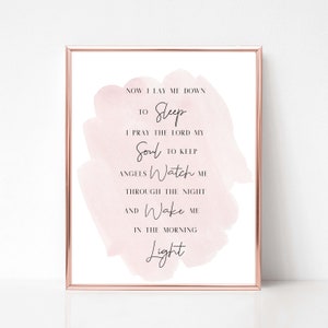 Now I lay me Down to Sleep, Bedtime Prayer Wall Art, Baby Girl Nursery, Printable, Blush Pink Watercolor Print, Instant Download