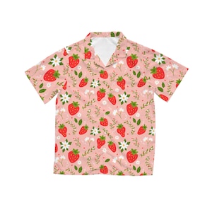 Strawberry Print Hawaiian Shirt in Pink / Blue
