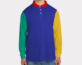Vintage Colorblock Contrast Long Sleeve Polo Shirt | in Blue, Red, Green, Yellow