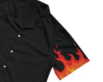Maison Article Flames Woven Rayon Button Up Mens Shirt Black