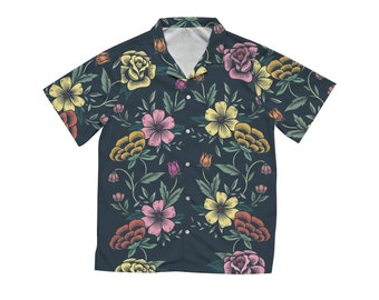 Retro Floral Hawaiian Shirt in Olive Green