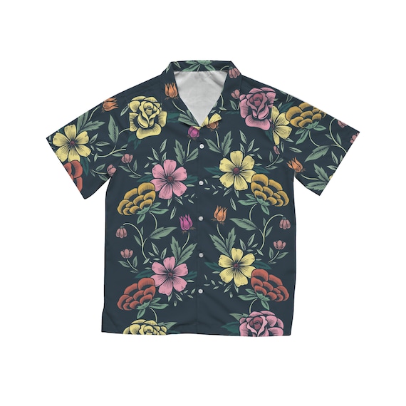 Retro Floral Hawaiian Shirt in Olive Green