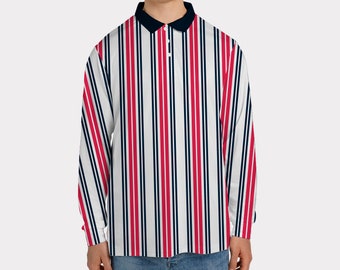 Vintage Striped Long Sleeve Polo Shirt | in Red, Blue, White