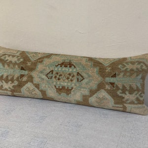 Handmade Oushak Rug Pillow,12&quot;x35 inch 30x90Cm Vintage Turkish Carpet Pillow Cover,Lumbar Pillow,Bohemian Pillow,Modern Vintage Pillow Cover