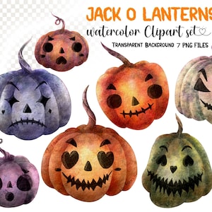 Jack O Lantern Watercolor Clipart - Halloween Pumpkin faces - Instant Download - Jack-o-Lantern - Scary Pumpkins - Spooky - Digital Download
