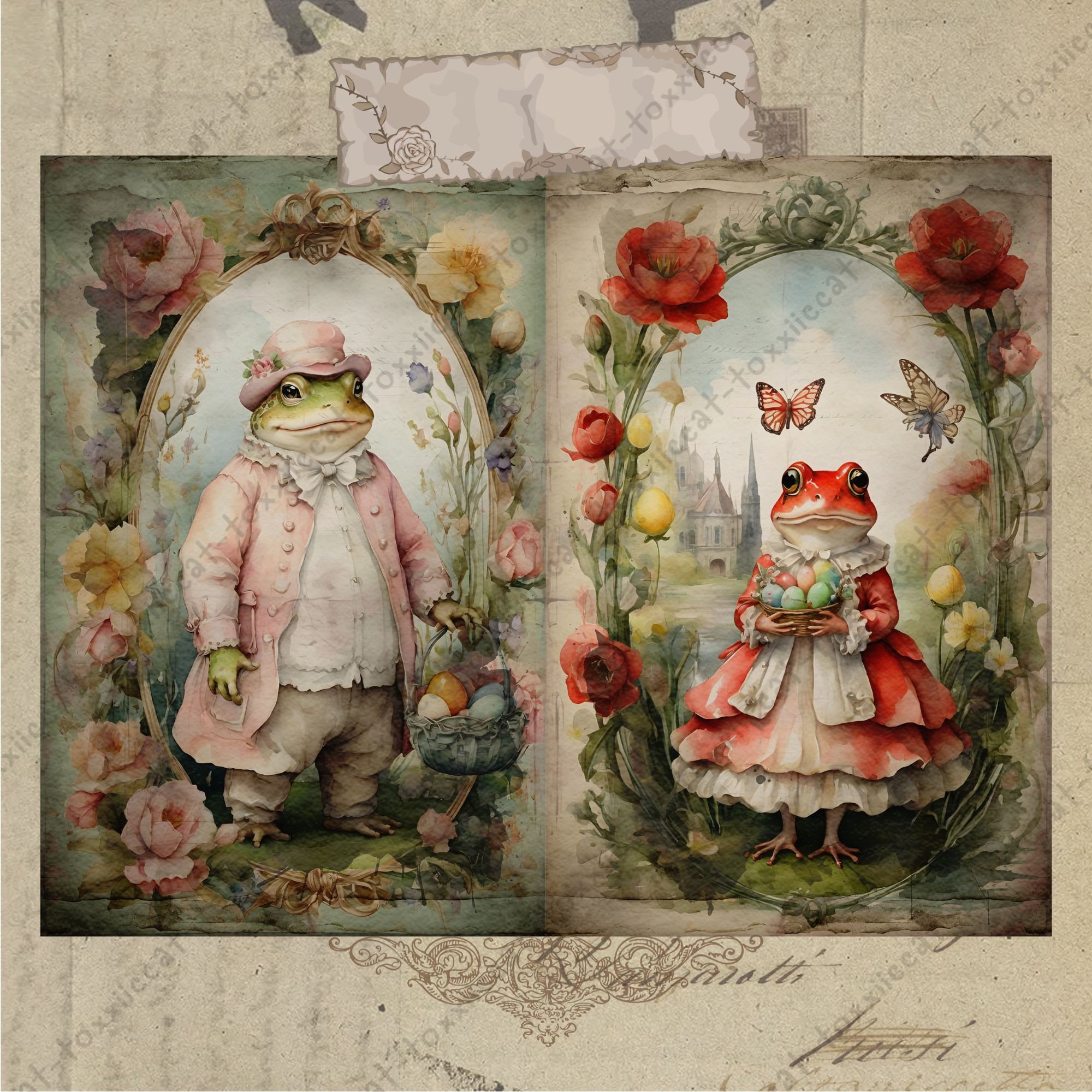 Vintage Frog Digital Paper, Printable Frog Toad Pages, Dressed Animal ...