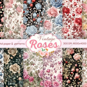 Vintage rose paper, Vintage Digital Paper bundle, Roses Scrapbook Collage Sheets, Vintage rose watercolor pattern, Shabby Chic Digital Paper