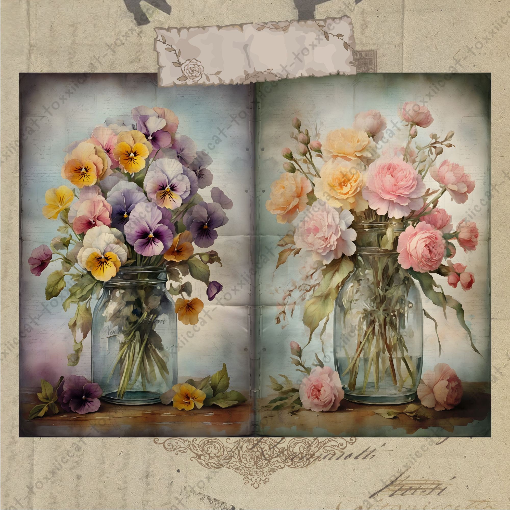 Vintage Flowers Junk Journal Printable Page, Watercolor Spring Flowers ...