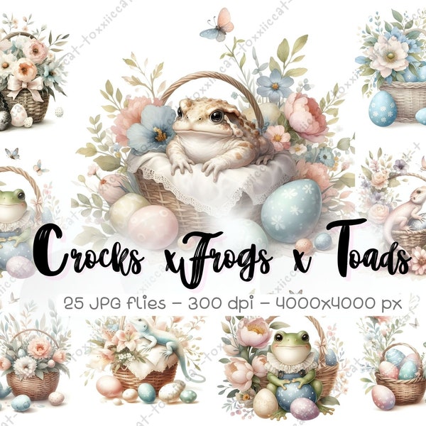 Vintage Frog Clipart, Watercolor Frog Toad Crocodile JPG, Reptile Animal Clipart, Vintage Frog Toad Crocodile Floral Easter Clipart Bundle