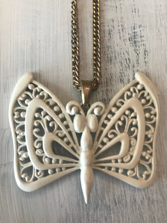 Vintage L Razza White Butterfly Necklace.