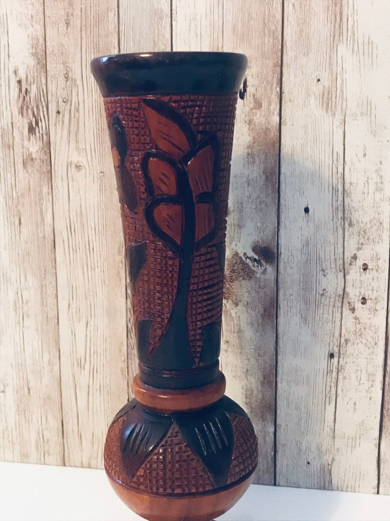 Vintage Hand Carved Teak Vase Hand Carved Wooden Vase Etsy