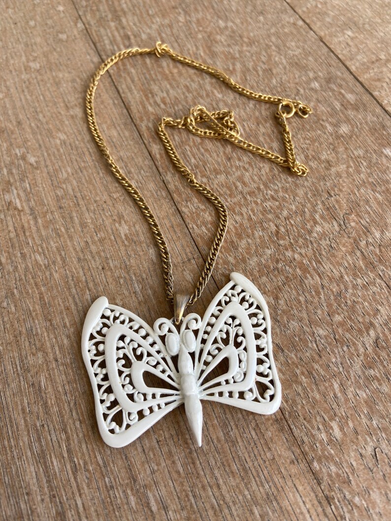 Vintage L Razza White Butterfly Necklace.