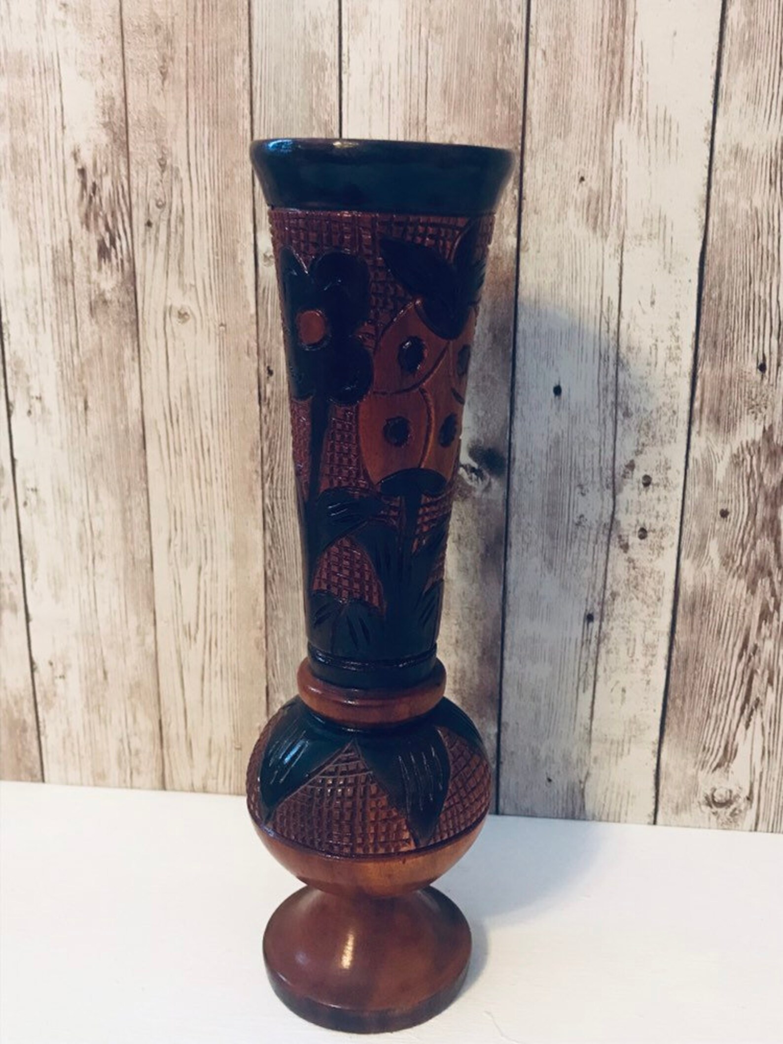 Vintage Hand Carved Teak Vase Hand Carved Wooden Vase Etsy