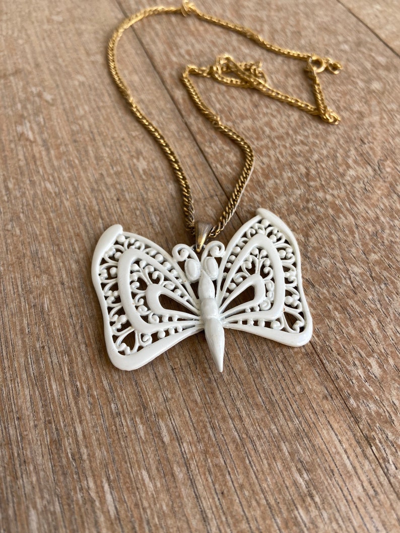 Vintage L Razza White Butterfly Necklace.