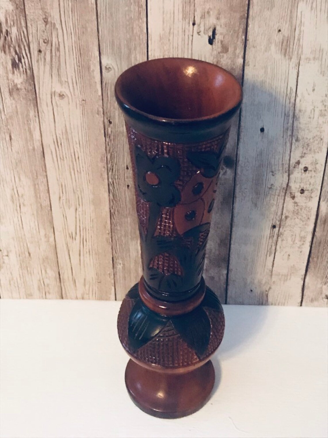 Vintage Hand Carved Teak Vase Hand Carved Wooden Vase Etsy