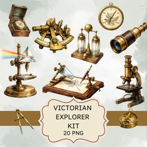 Victorian Explorer Kit | Antique Brass Lab Tools, Dark Academia Graphics (20 PNG)