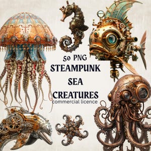 May include: A selection of steampunk-style sea creatures, such as a jellyfish, seahorse, fish, dolphin, starfish, and octopus. These creatures are crafted from metal and gears, showcasing intricate detailing. The image features the text "50 PNG Steampunk Sea Creatures commercial licence."