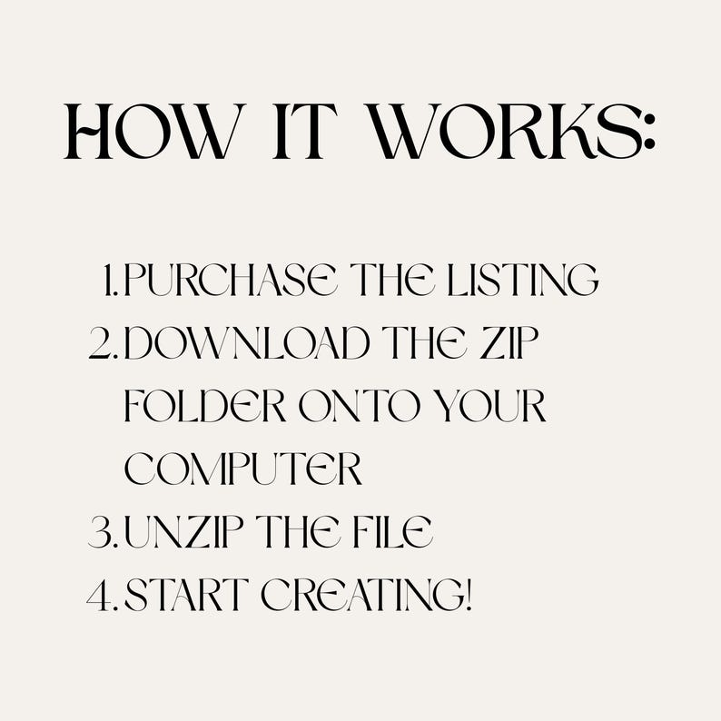 May include: A cream-colored graphic with black text that reads "HOW IT WORKS:" followed by four numbered steps: purchase the listing, download the zip folder, unzip the file, and start creating!