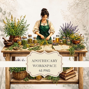 Op de afbeelding: Een illustratie van een apothekerswerkplek met een persoon in een groen schort aan een houten tafel met potten kruiden, bloemen en handgeschreven notities. De tekst "APOTHECARY WORKSPACE 45 PNG" staat op een decoratief label.