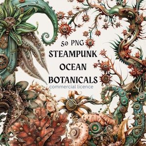 May include: An artistic digital illustration featuring steampunk-style ocean botanicals. The image showcases intricate designs of sea plants and marine life with gears and mechanical elements. The color palette includes shades of green, brown, and copper. Text on the image reads "50 PNG Steampunk Ocean Botanicals commercial licence."