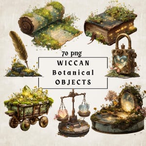 Wiccan Botanical Clipart Bundle, 70 Magical PNG Objects, Witchy Garden Elements