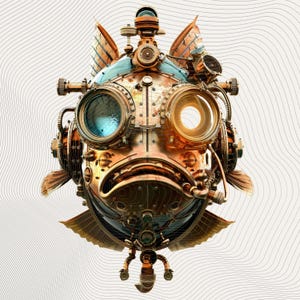 May include: A steampunk-style fish illustration with intricate mechanical details. The fish features large, round goggles, gears, and metallic components in shades of bronze, copper, and blue. The design evokes a retro-futuristic aesthetic.